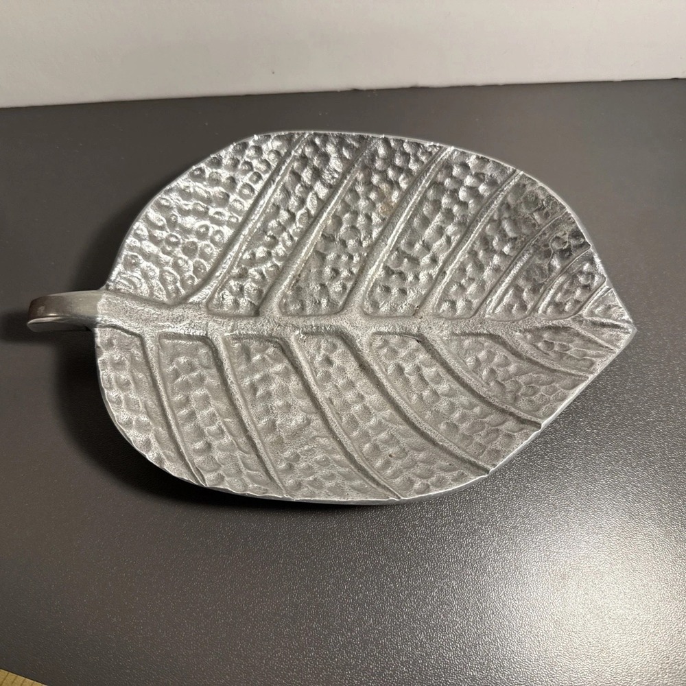 Vintage Pewter Silver Leaf Bowl Dish Tray Made in India Monstera Plant